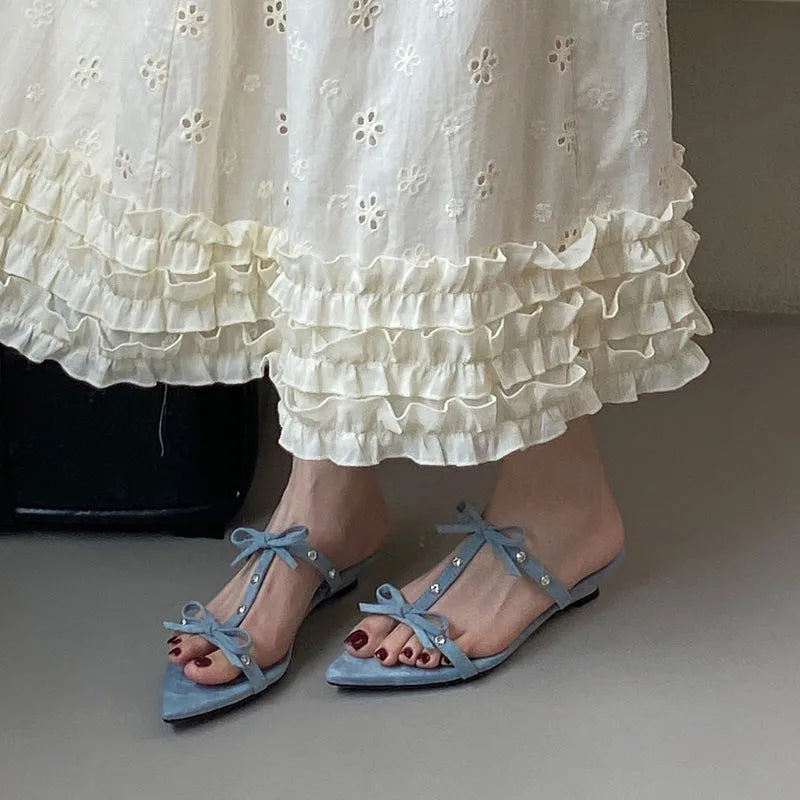 Footwear Pointed Toe Wedges Slippers Slides Butterfly-Knot Heeled Sandals